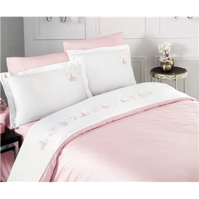 2 сп. Евро Комплект Постельного Белья с Вышывкой Cotton Saten Leaf Pudra - Altınbaşak