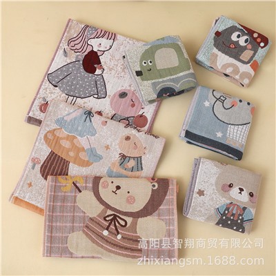 Gaoyang Manufacturer Wholesale Children's 25*50 Pure Cotton Jacquard Children's Scarf Dark Cartoon Thick Soft Water-Absorbing Hand Wipe