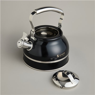 ЧАЙНИК AGNESS СО СВИСТКОМ 2,7Л, ТЕРМОАККУМУЛИРУЮЩЕЕ ДНО, 304 СТАЛЬ,  ИНДУКЦИЯ