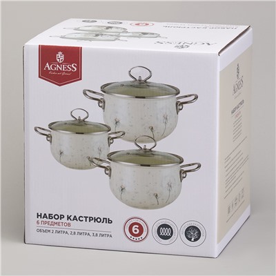 НАБОР КАСТРЮЛЬ ЭМАЛИРОВАННЫЙ, СЕРИЯ "DANDELION" 6ПР. 2,0/2,8/3,8Л ДИА.18/20/22СМ
