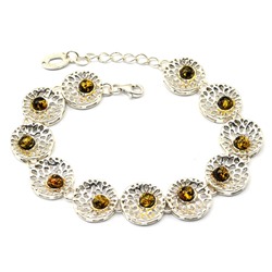 Браслет с янтарем С925 "одуванчик" 15мм зеленый, 20см, 15,5г