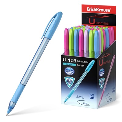 Ручка шариковая ErichKrause U-109 Spring Stick&Grip, узел 1.0 мм, чернила синие, резиновый держатель, супермягкое письмо, длина линии письма 1000 метров