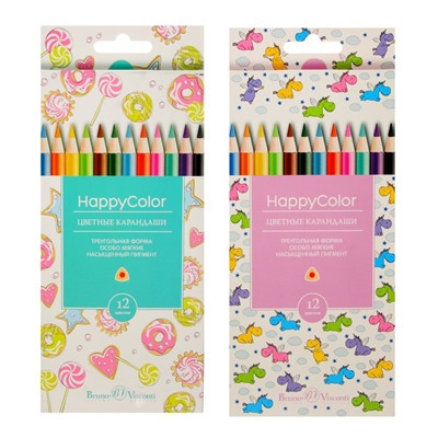 Карандаши цветные 12 цветов BrunoVisconti Happycolor, трёхгранные, МИКС
