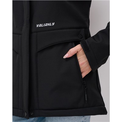 Ветровка спортивная женская с капюшоном softshell черного цвета 9566Ch