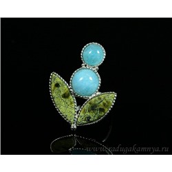 Кольцо змеевик с аквамарином "Смородина" 25*32мм., размер 17