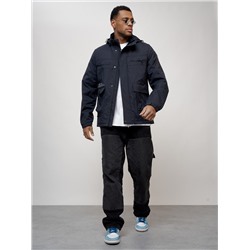 Куртка спортивная мужская весенняя с капюшоном темно-синего цвета 88028TS