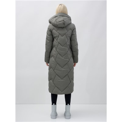 Пальто утепленное стеганное зимнее с капюшоном женское цвета хаки 9612Kh