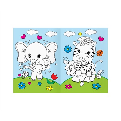 Раскраска с цв. фоном А4, 16 стр., ТРИ СОВЫ "Животные в стиле kawaii"