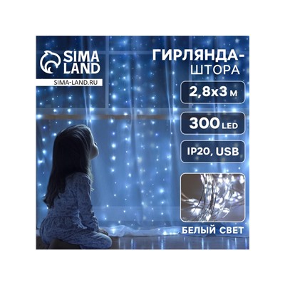 Гирлянда «Занавес» 2.8 × 3 м роса на крючках, IP20, серебристая нить, 300 LED, свечение белое, мерцание, USB