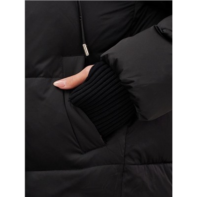 Куртка зимняя женская с мехом и капюшоном тренд черного цвета 7658Ch