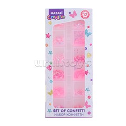 Набор конфетти, 12 цветов, ассорти дизайнов, пластиковая коробка (ш-5,5см,в-13см), 15 видов в ассортименте, ОПП-упаковка с подвесом