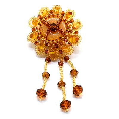 Брошь с янтарём и бисером Подсолнух 38*38мм цв.лимонный