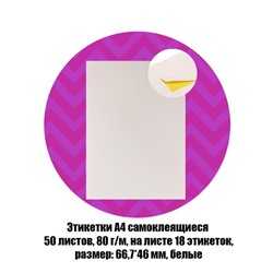 Этикетки А4 самоклеящиеся, 50 листов, 80 г/м², на листе 18 этикеток размером 66.7×46 мм, глянцевые, белые