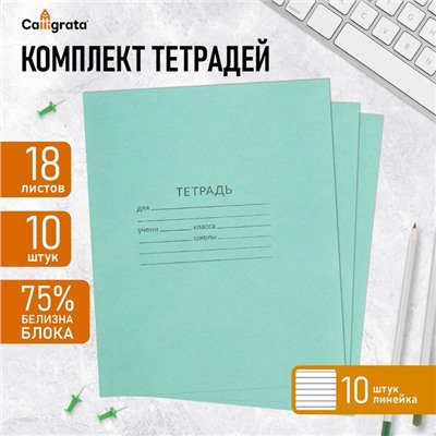 Набор тетрадей 18 листов в линейку «Зелёная обложка», серые листы, 10 шт.
