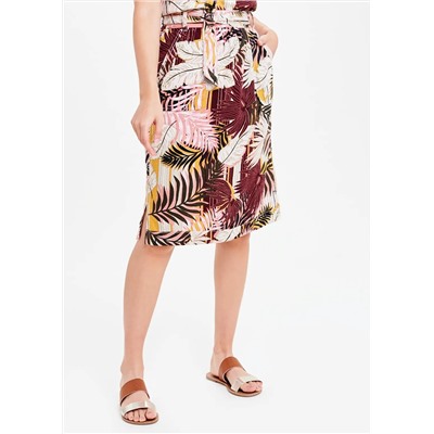 Palm Print Belted Linen Skirt