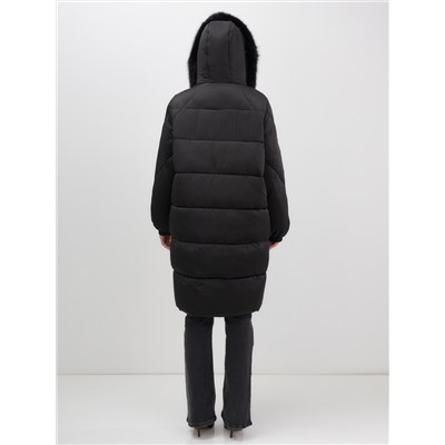 Пальто зимнее утепленное с мехом и капюшоном тренд черного цвета 7629Ch