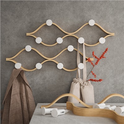 Вешалка настенная Montage, 6 крючков, натуральное дерево/белая