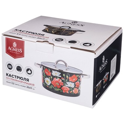 КАСТРЮЛЯ AGNESS "МАКИ" СО СТЕКЛЯННОЙ КРЫШКОЙ, НЕРЖ.СТАЛЬ, 3,1Л 20Х11 СМ