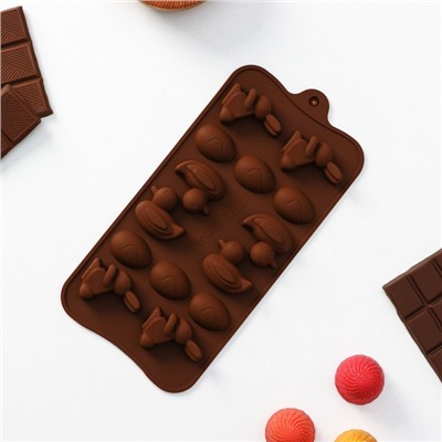 Форма для конфет и шоколада Доляна «Зайцы, утки и яйца», силикон, 22×10.2×1.4 см, 14 ячеек, коричневая