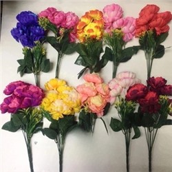 Цветы искусственные декоративные Пион двухцветный + зелень желто-зеленая (7 цветков) 40 см
