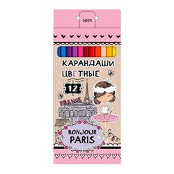 Карандаши цветные"VK" 12 цв. -Bonjour Paris- с заточ. в карт.короб. с европодвесом
