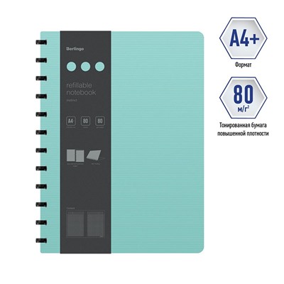 Бизнес-тетрадь А4+, 80л., Berlingo "Instinct", клетка, на кольцах,с возм. зам. блока, 80г/м2, пластик. (полифом) обл., линейка-закладка, мятный/черный