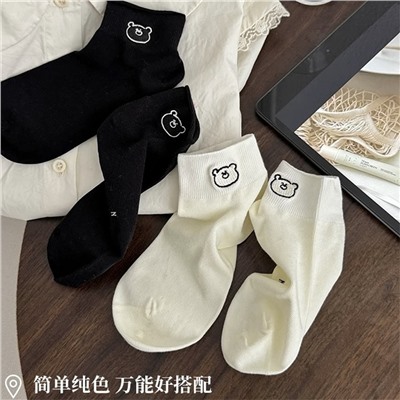 Tide, summer thin white cotton knee socks, cute embroidery, with little bears, with embroidery