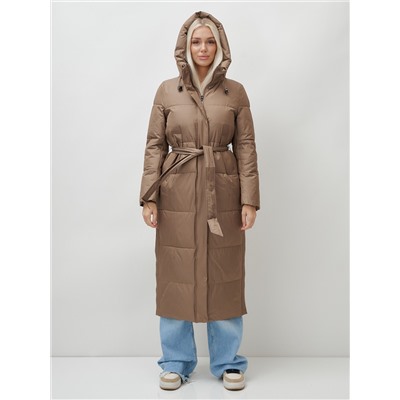 Пальто утепленное стеганное зимнее с капюшоном женское коричневого цвета 9605K