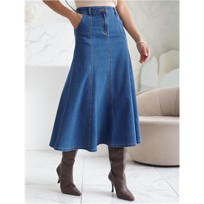 Джинсовая юбка миди А силуэта с декоративными швами из эластичного денима
