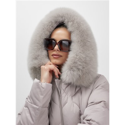 Пальто зимнее утепленное с мехом и капюшоном тренд светло-коричневого цвета 7753SK