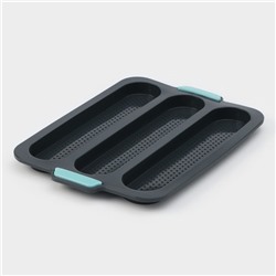 Форма для выпечки «Багет», силикон, 34.5×24×2.2 см, 3 ячейки (28×6×2 см), перфорированная, тёмно-серая