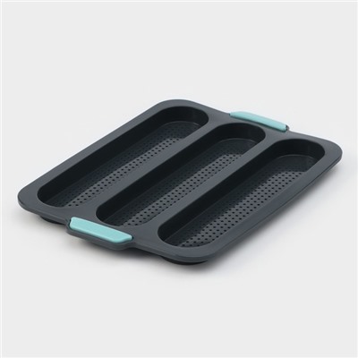 Форма для выпечки «Багет», силикон, 34.5×24×2.2 см, 3 ячейки (28×6×2 см), перфорированная, тёмно-серая