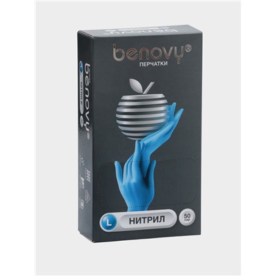 Перчатки Benovy, нитриловые, медицинские, голубые, 3 г, L, 50 пар/уп