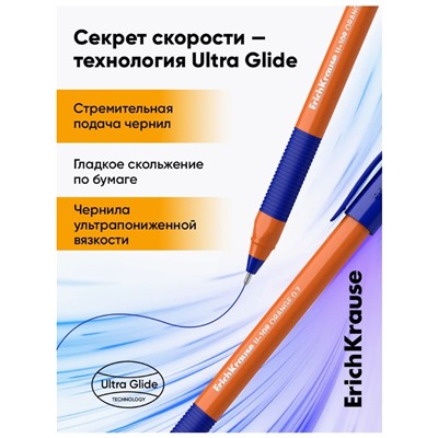 Ручка шариковая ErichKrause U-109 Orange Stick&Grip, игольчатый узел 1.0 мм, чернила синие, резиновый держатель, супермягкое письмо