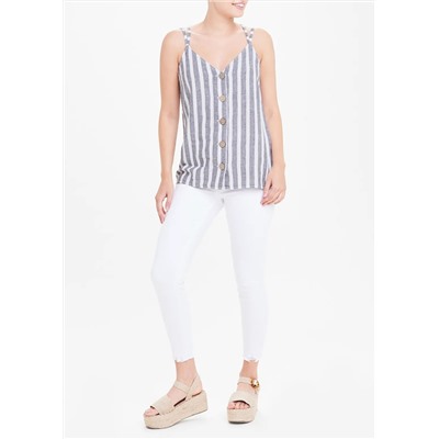 Stripe Strappy Linen Button Front Cami Top