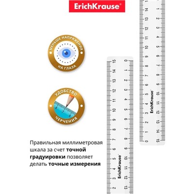 Линейка 15 см ErichKrause "Clear", пластик, двусторонняя шкала, прозрачная, европодвес
