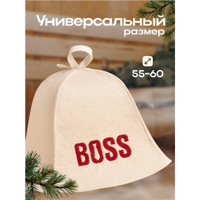 Шапка для бани и сауны с вышивкой BOSS, шерсть 100%, светлая, «Добропаровъ»