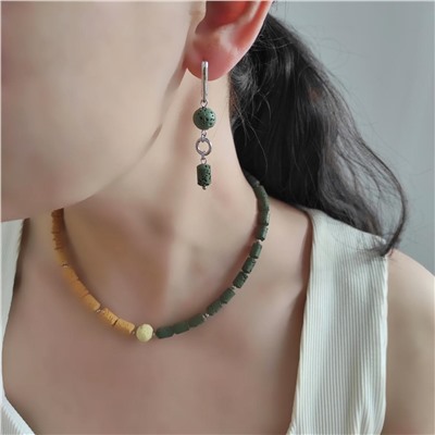 Серьги из вулканита, темно-зелёные оранжевые оттенки
