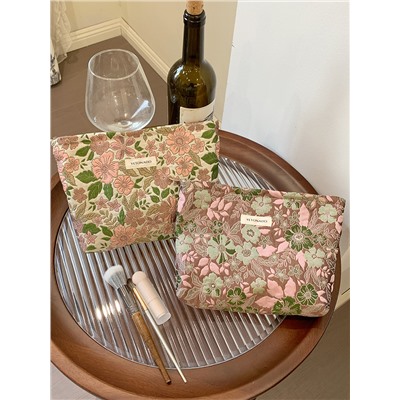 Retro capacious cosmetic bag, shoulder bag, small clutch bag, storage system, handheld cloth bag, liner, floral print