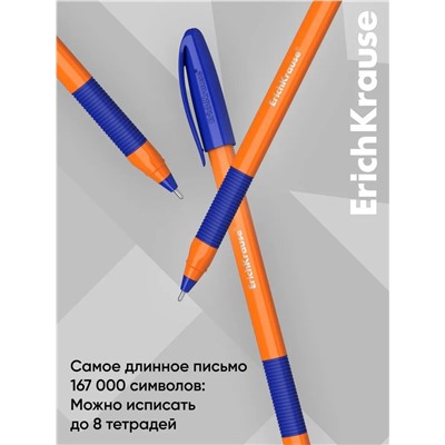 Набор ручек шариковых 3 штуки, ErichKrause U-109 Orange Stick&Grip, игольчатый узел 1.0 мм, чернила синие, супермягкое письмо, резиновый держатель, корпус оранжевый
