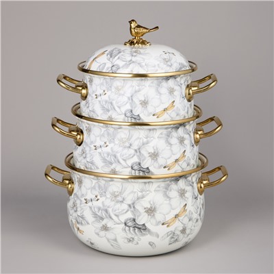 НАБОР КАСТРЮЛЬ AGNESS ЭМАЛИРОВАННЫХ СЕРИЯ "ЯБЛОНЕВЫЙ САД", 6ПР. 2,1Л, 2,8Л И 3,8Л