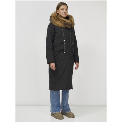 Пальто зимнее женское с мехом енот премиум класса черного цвета 3006_1Ch