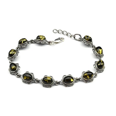 Браслет с янтарем С925 овальчик 10*18мм цв.зеленый, 19,5см, 11,1г