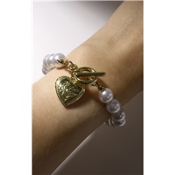 Браслет жемчуг «Сердечко» для фото, шар №10, белый в золоте, L=21 см