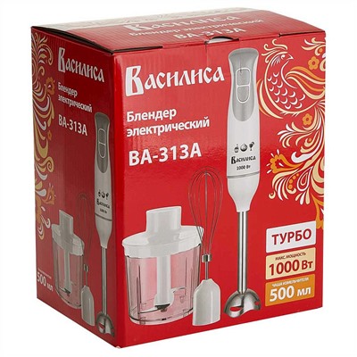 Блендер погружной 1000 Вт ВАСИЛИСА ВА-313A с измельчителем, венчиком, белый с серым