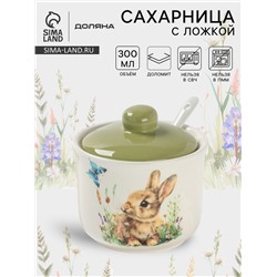 Сахарница с ложкой Доляна «Зайка», доломит, 10×9 см, 300 мл, белая