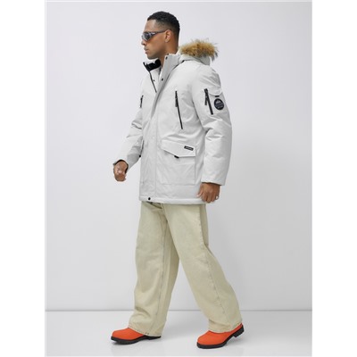 Парка мужская зимняя удлиненная с мехом светло-серого цвета 602_1SS