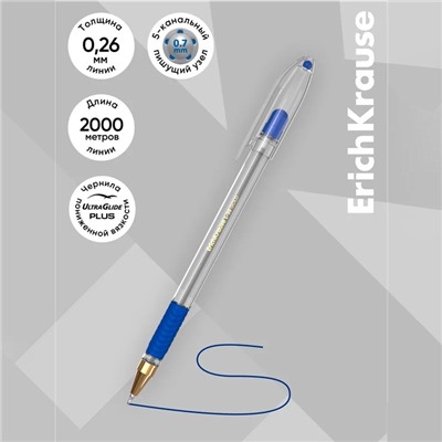 Ручка шариковая, ErichKrause L-30, Gold Stick&Grip Classic, игольчатый узел 0.7 мм, синяя, резиновый держатель, МИКС