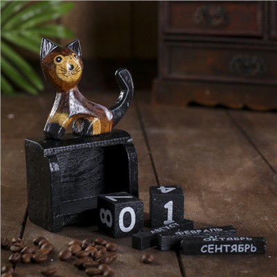 Вечный календарь настольный «Котик», 4×7×12 см, дерево