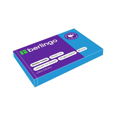 Самоклеящийся блок Berlingo "Ultra Sticky", 50*75мм, 80л., синий неон